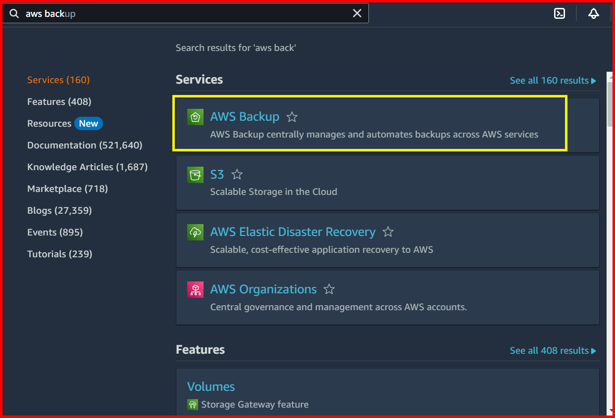 Picture showing the AWS Backup service in the search result